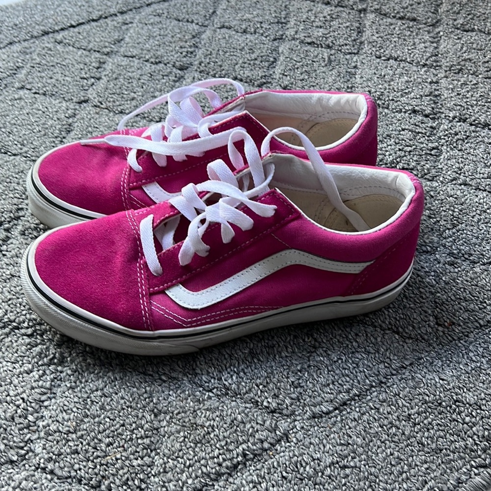 Dark pink and white vans.